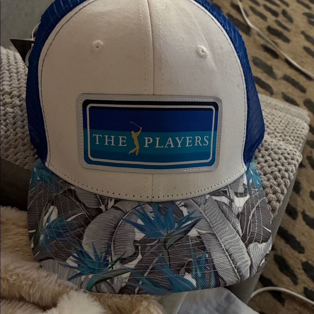 The Players Logo Trucker Hat - White & Blue with Floral Bill